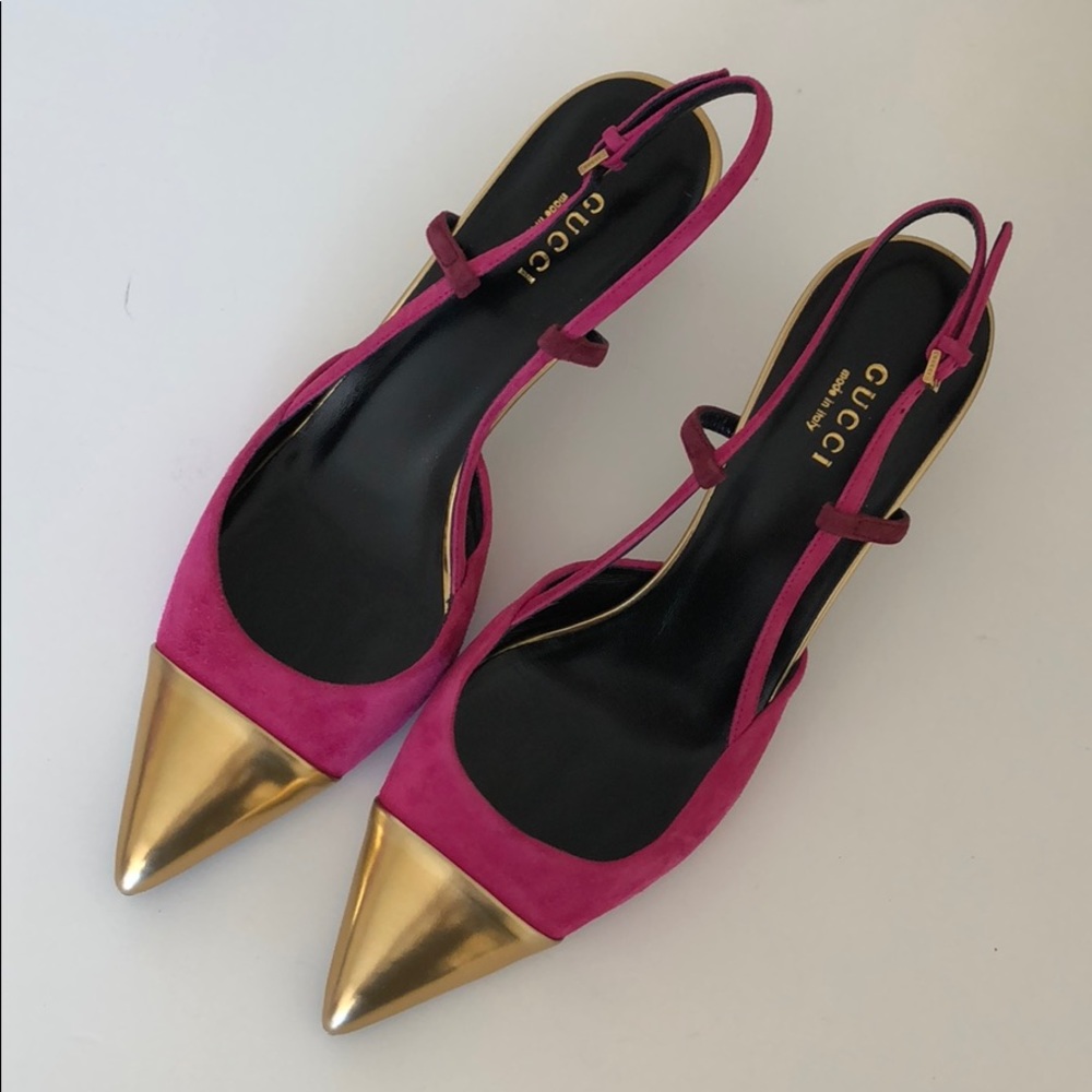Gucci Magenta/Gold Suede Pumps - Picture 2 of 5